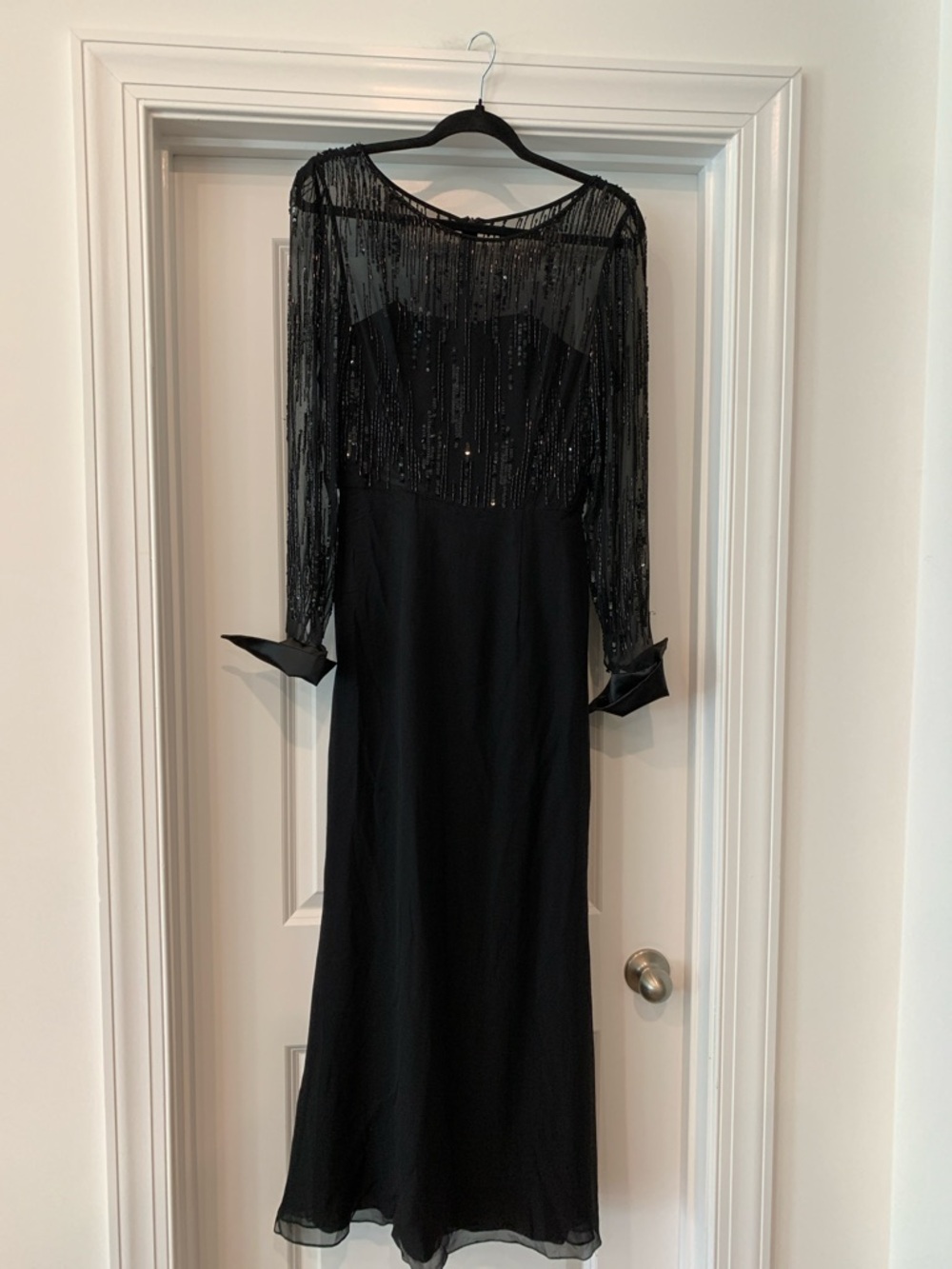 Victoria Luxury Silk Black Beaded Long-Sleeve Evening Dress